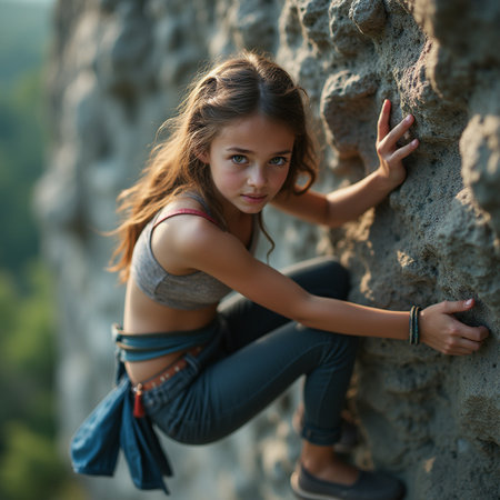 Portrait of a beautiful young woman climbing on a rock wall.の素材