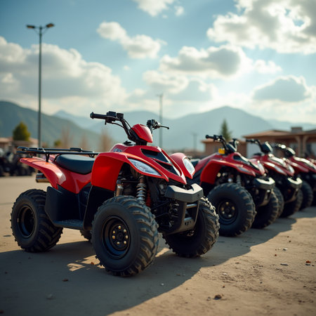 Red quad bikes parked in the parking lot against the background of mountainsの素材