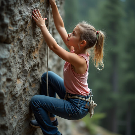 Young girl climbing on a rock in the forest. Active lifestyle.の素材