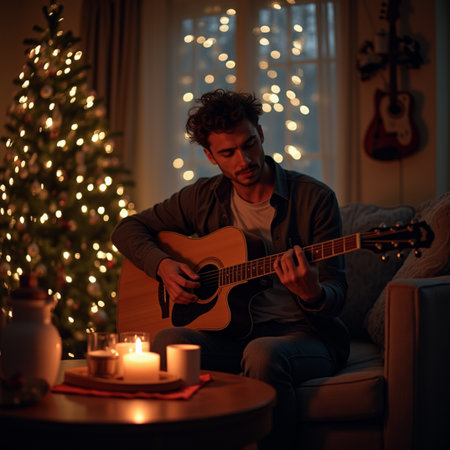 Handsome young man playing guitar in front of christmas treeの素材