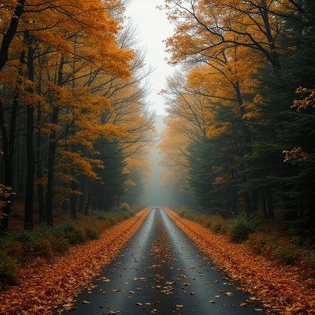 Autumn road in the misty forest. 3d rendering.の素材