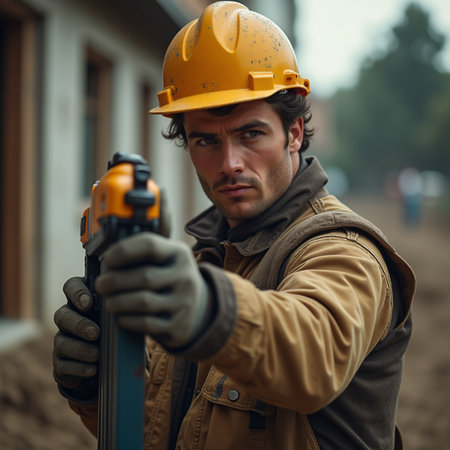 Portrait of a young construction worker with a drill on a building siteの素材