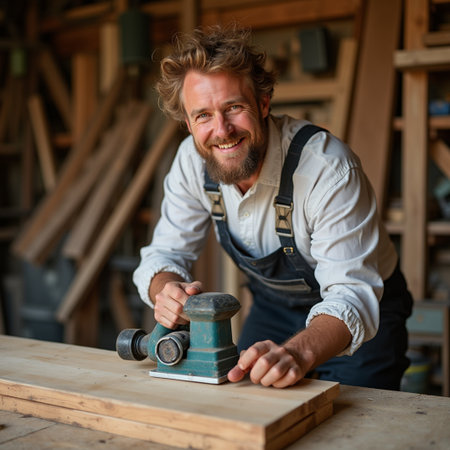 Portrait of a smiling carpenter working with a circular saw in his workshopの素材