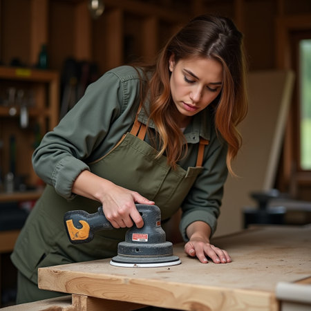 portrait of young female carpenter using electric circular saw in workshopの素材