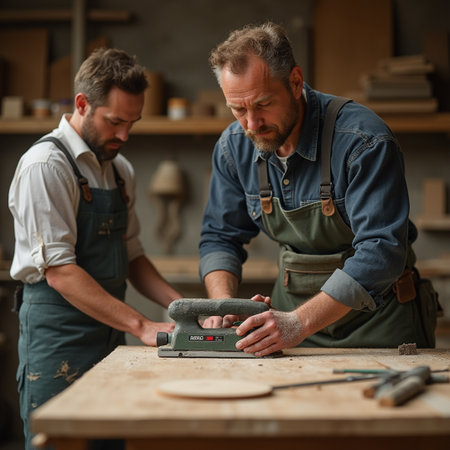Two carpenters working in a carpentry workshop. One of them is using an electric jigsawの素材
