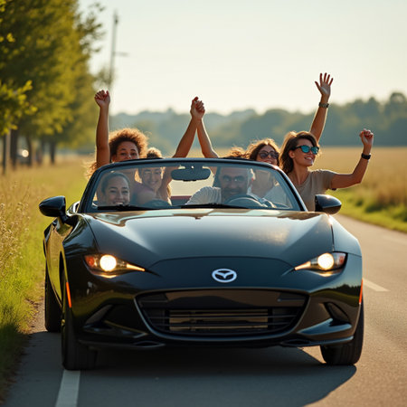 Group of friends driving a convertible car on a country road in summerの素材