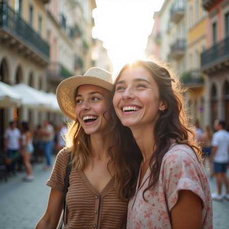 Portrait of two young women laughing and looking at camera in the cityの素材