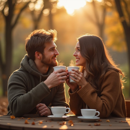 Young couple drinking coffee in the autumn park at sunset. Romantic date.の素材