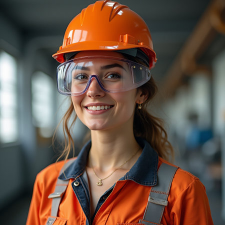 Portrait of a female construction worker wearing safety glasses and orange helmetの素材