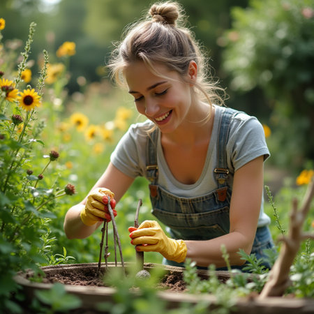 Smiling young woman planting flowers in the garden on sunny summer dayの素材
