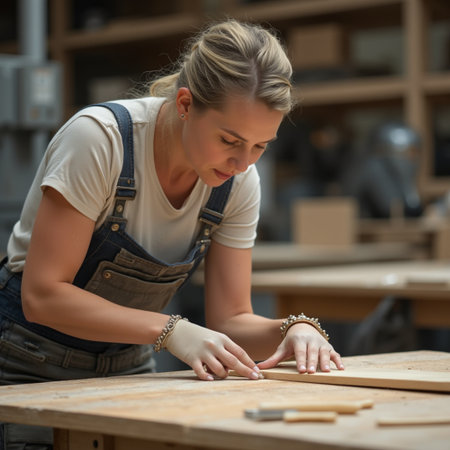 Female carpenter working with wood in her workshop. She is wearing a denim overalls.の素材