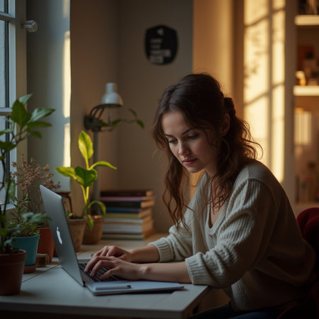 Young female freelancer working on laptop at home in the evening.の素材