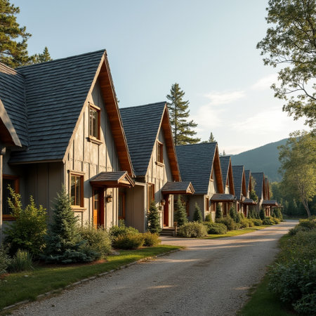 A row of wooden houses in a row on the side of the roadの素材