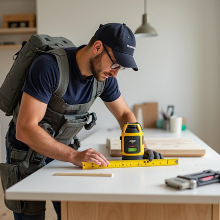 carpenter with tape measure measuring wooden plank at table in workshopの素材