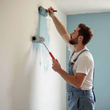 Portrait of a smiling young man painting wall in new house.の素材