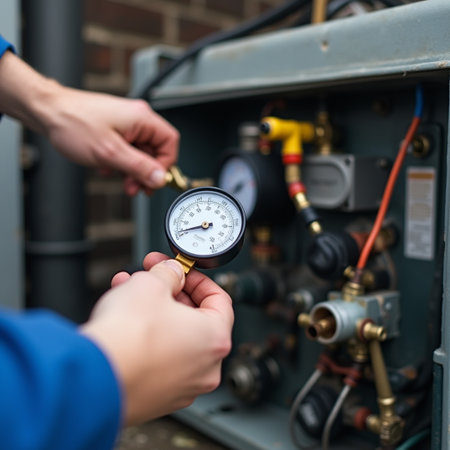 Close-up of man's hand holding a pressure gauge in a boiler roomの素材