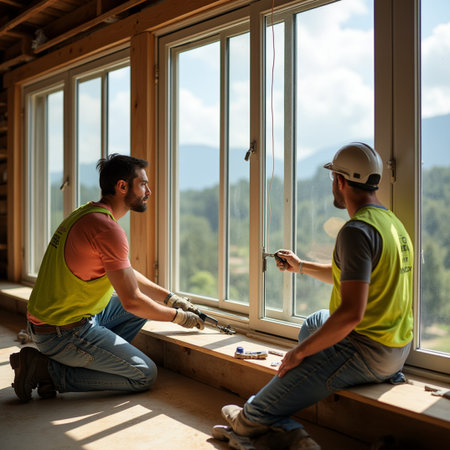 construction workers installing a window in a new house. man and womanの素材