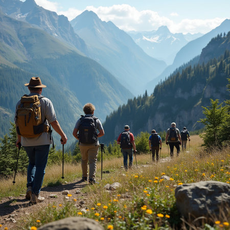 Group of hikers trekking in the mountains. Man and woman hiking with backpacks.の素材