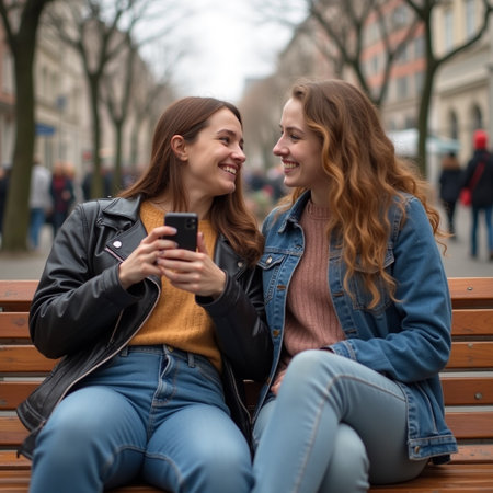 Two young women sitting on a bench in the city and using a smartphoneの素材