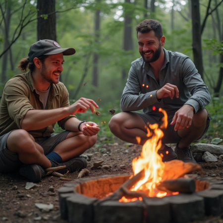 Two men sitting near bonfire in the forest. Camping conceptの素材