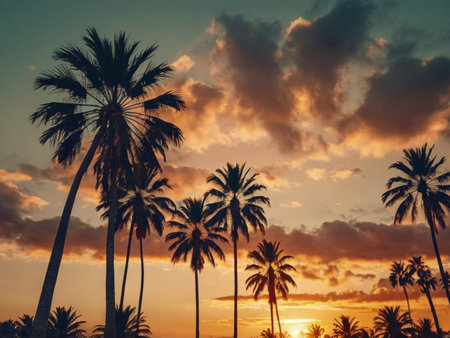 Silhouette of palm tree on sunset sky background - Vintage Filterの素材