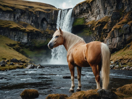 Icelandic landscape with a horse in front of a waterfall.の素材