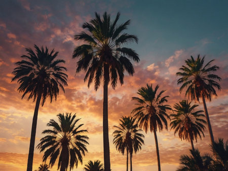 Palm trees silhouettes at sunset on a tropical beach in Californiaの素材