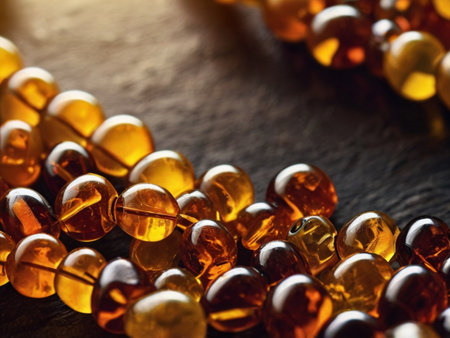 Close up of amber beads on black background. Shallow depth of field.の素材