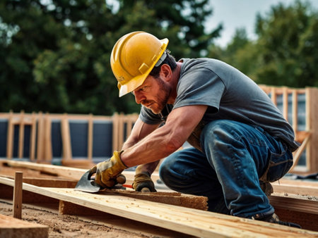 Carpenter working on a construction site with a hammer and nailsの素材