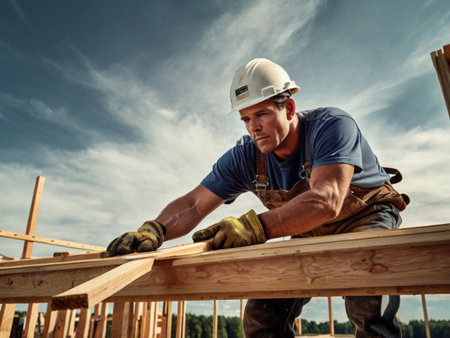 Construction worker on a roof of a house with a wooden frame.の素材