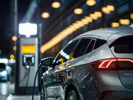 EV charging station for electric car in concept of green energy produced from sustainable source to supply to charger station in order to reduce CO2 emission.の素材