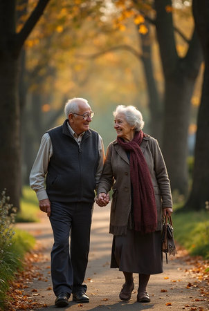 Senior couple walking in the park in autumn, holding hands and smilingの素材