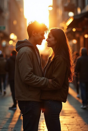 Young couple in love walking on the street in the evening at sunsetの素材