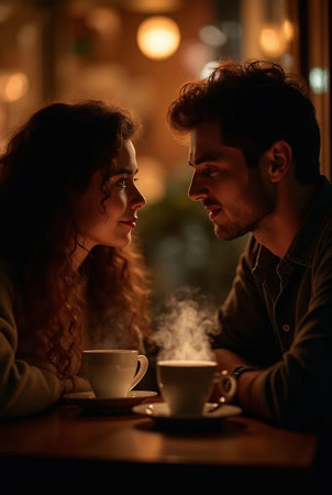 Young couple sitting in a cafe at night, drinking coffee and talkingの素材