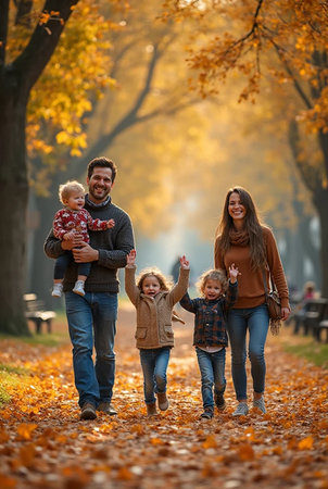 Happy family walking in autumn park. Mother, father and children having fun together.の素材