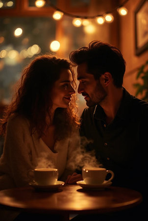 Young couple drinking coffee in cafe at night. Romantic date in restaurantの素材