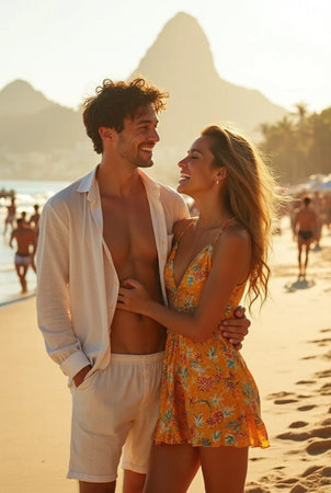 Happy young couple having fun on the beach at sunset. Smiling man and woman standing on the sand and looking at each otherの素材