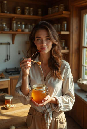 smiling young woman holding jar with honey and spoon in kitchen at homeの素材