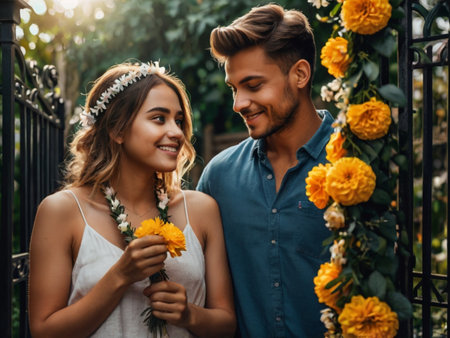 happy young couple in floral wreaths smiling at each other outdoorsの素材
