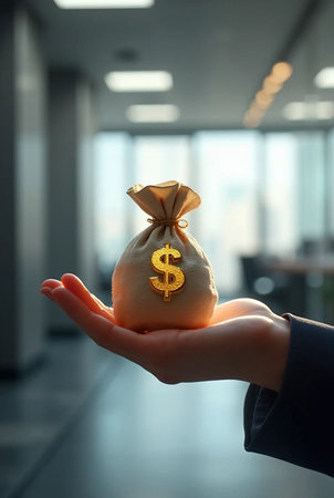 Woman holding money bag with dollar sign on blurred background, closeupの素材