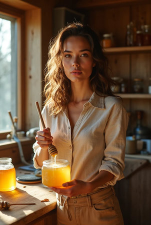 Portrait of beautiful young woman holding honey dipper while standing in kitchen at homeの素材