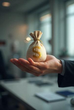 Close up of businessman holding money bag with dollar sign on it in officeの素材