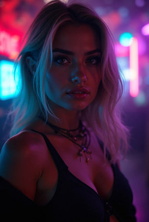 Portrait of a beautiful girl in a nightclub with neon lights.の素材