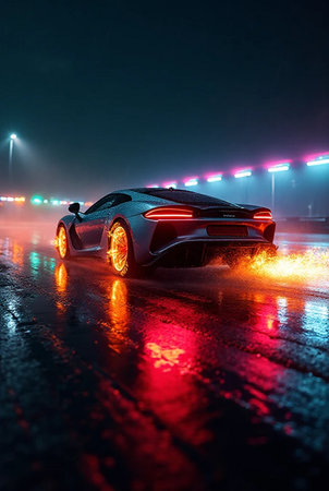 Sport car on the road in the fog at night. 3d rendering.の素材