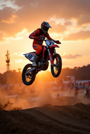 Motocross rider on the track at sunset. Extreme motocross race.の素材