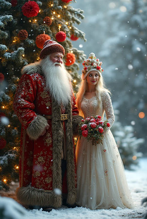 Santa Claus and Snow Maiden in the winter forest with a Christmas treeの素材