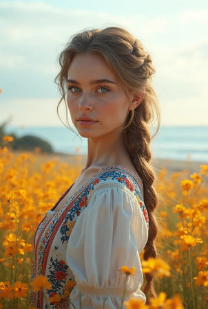 Beautiful girl in embroidery on the field of yellow flowersの素材