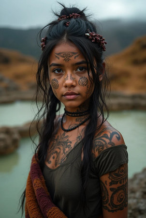 Portrait of a young beautiful woman with henna on her face.の素材