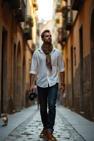 Handsome young man with beard and mustache, wearing white shirt, scarf and mittens, walking on a narrow street in Florence, Italyの素材