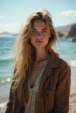 Portrait of a beautiful girl with blond hair on the beach.の素材